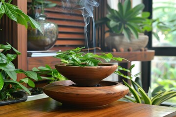 Wooden stand with smoke-emitting plant bowl on table with green plants in background