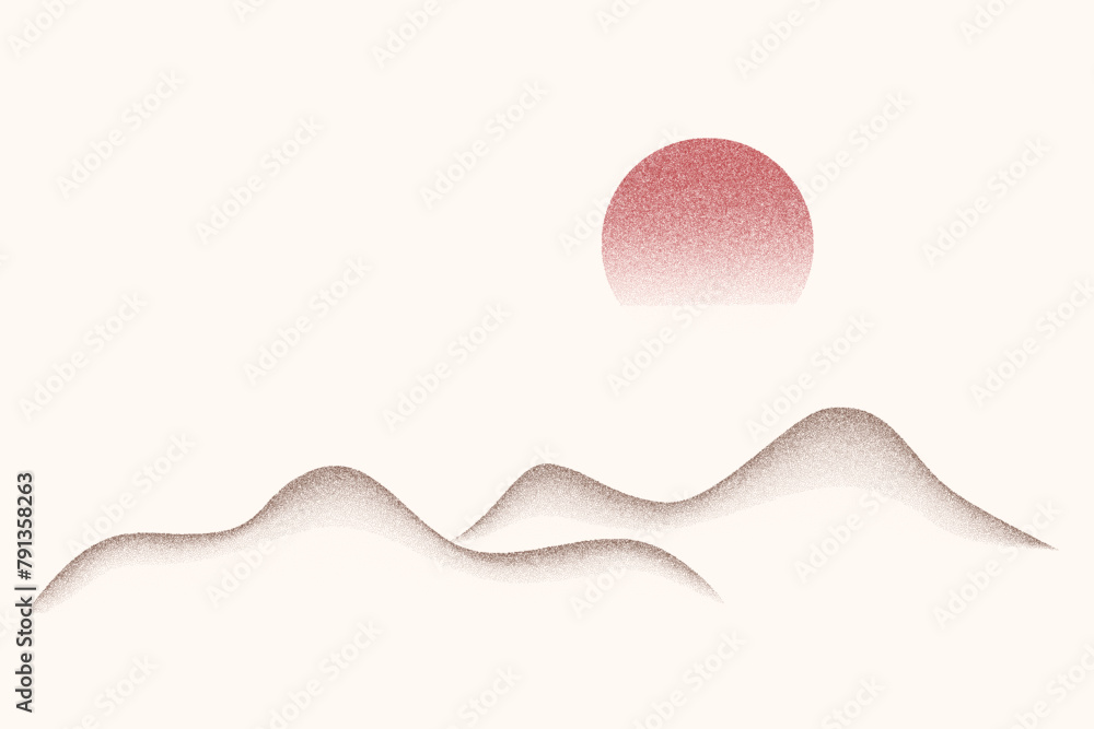 Poster dotted grainy gradient mountains and sun. stipple vector effect with dust texture. solar eclipse in 