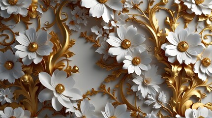 Elegant 3D Design of White and Golden Floral Ornamen.generative.ai