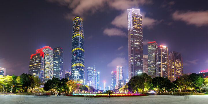 Guangzhou Canton skyline cityscape with skyscrapers in downtown panorama at night in Guangzhou, China