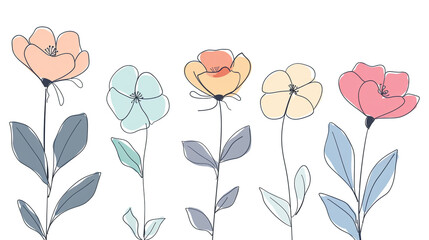 Simple line drawing of cute pastel flowers, minimalistic design, 2d illustration on a white background with flat colours
