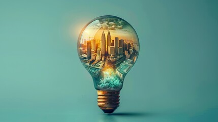 A serene cityscape captured within a light bulb, symbolizing sustainable energy and innovation
