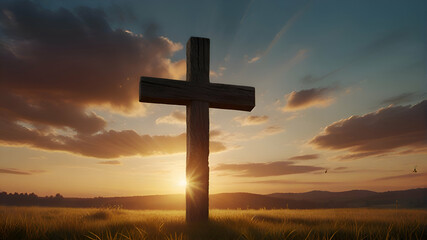 Ascension day concept. The cross on meadow autumn sunrise background. 4K Video, 8k