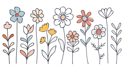 Simple line drawing of cute pastel flowers, minimalistic design, 2d illustration on a white background with flat colours
