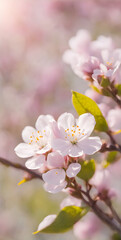 Fototapeta na wymiar Cherry blossom in full bloom against stark minimalist landscape. Soft spring breeze brings petals to life