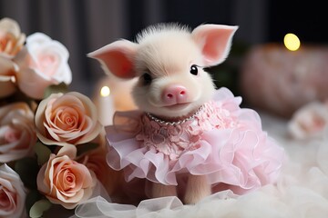 White little decorative pig in a dress