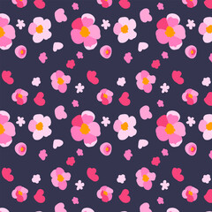 Seamless pattern sakura flowers dark background Texture hand drawn Pink cherry petals Bright ornament Vector flat illustration