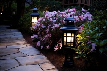 Fototapeta na wymiar Lantern-lit Walkway: Capture the decor along a lantern-lit garden walkway.