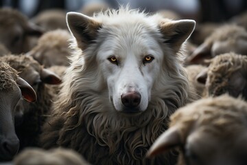 A wolf in sheep's clothing among sheep. - obrazy, fototapety, plakaty