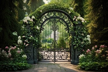 Obraz premium Garden Gate Elegance: If there's a gate, use it as a frame for the decor.