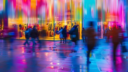 A sea of blurred figures in front of vibrant boutique windows creating an abstract backdrop for the shopping district. .