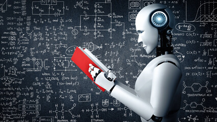 MLB 3d illustration of robot hominoid reading book and solving math data analytics in concept of future mathematics artificial intelligence, data mining and 4th fourth industrial automation revolution