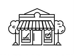 Outline icon of small storefront facade. Black line on white background.  