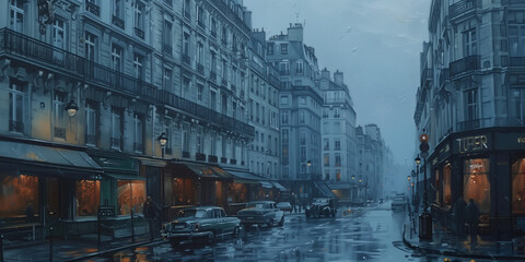 Rue parisienne rétro sous la pluie des années 70 - obrazy, fototapety, plakaty
