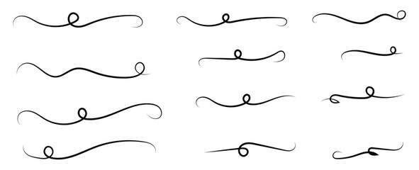 Swoosh and swoops double underline typography tails shapes set. Brush drawn thick curved smears. Hand drawn collection of curly swishes, swashes, squiggles, set. Vector calligraphy doodle swirls. - obrazy, fototapety, plakaty