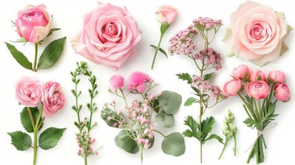 a delicate lineup of various flowers with elegant stems on a white background, conveying a sense of purity and simplicity.