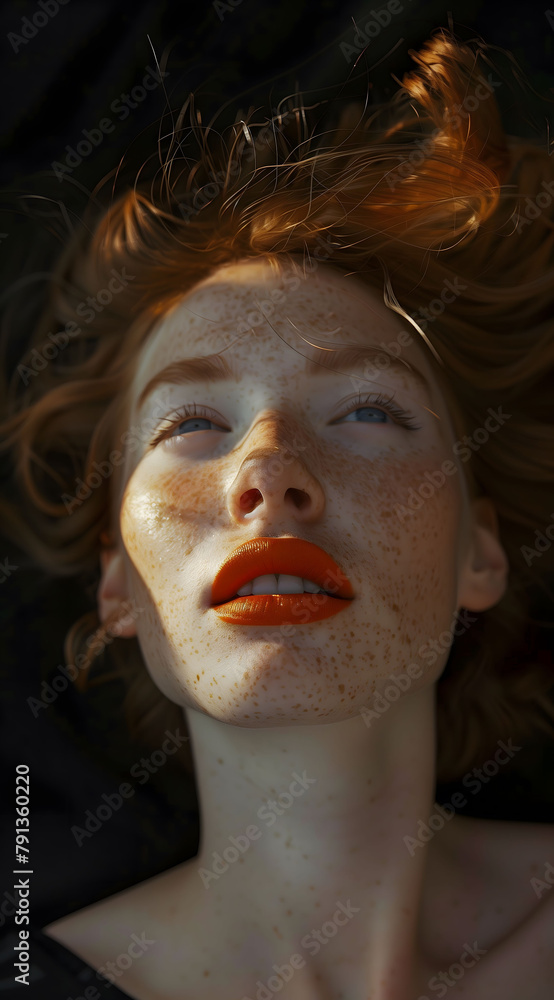Wall mural Portrait of an extremely freckled woman with orange lipstick - Wall murals