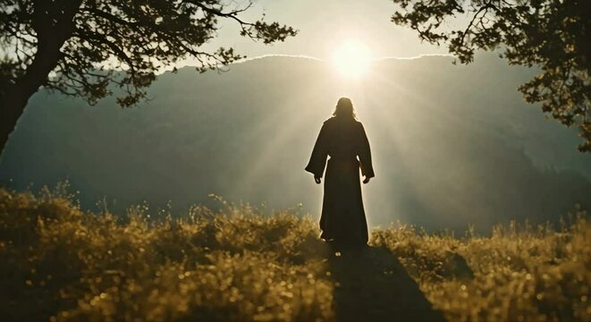 Silhouette of Jesus Walking in the Wilderness: Low-Angle Shot with Sunlight Illuminating the Scene
