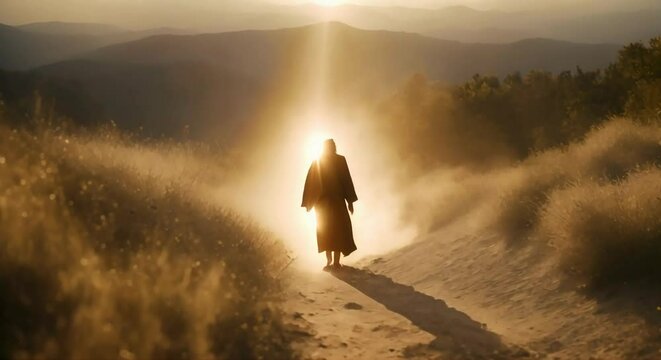 Silhouette of Jesus Walking in the Wilderness: Low-Angle Shot with Sunlight Illuminating the Scene