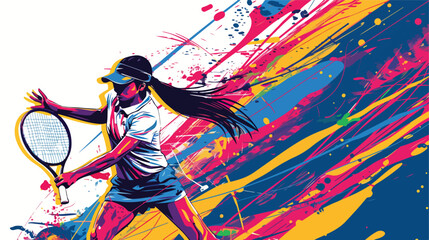 Vector illustration of female tennis player on abstra