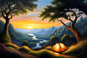 beautiful dramatic landscape painting - fairy tent aglow with lights in a mystical forest, overlooking a winding river, the sun setting over the distant mountains