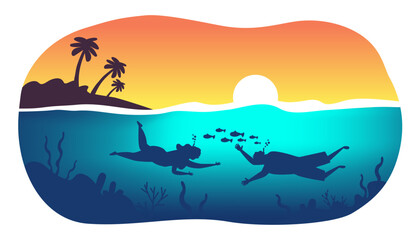 couple man and woman  swimming  underwater snorkeling with diving mask summer sunset  vacation vector illustration - 791360866