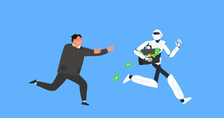 businessman chases a robot thief stealing briefcase  with money vector illustration - 791360873