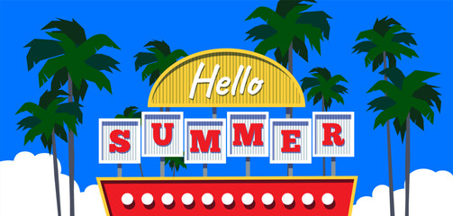 hello summer retro sign palm trees on sky background vector illustration banner poster print design - 791360877