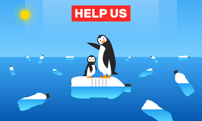 penguins on floating plastic bottle ocean pollution help us text ecology problem vector illustration - 791360879