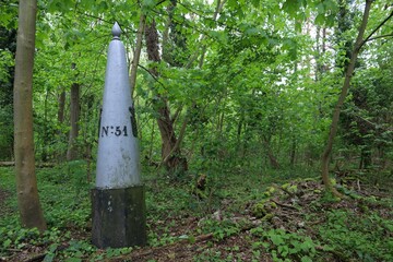 A stone border post between the Netherlands and Belgium in the middle of a forest