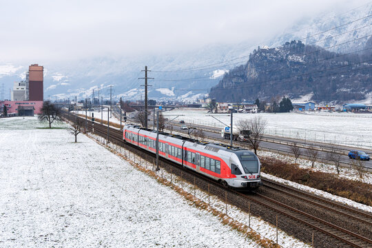 Stadler Flirt 3 passenger train of Südostbahn in Flums, Switzerland