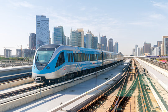 Dubai Metro train transit public transport near Dubai Marina station in Dubai, United Arab Emirates