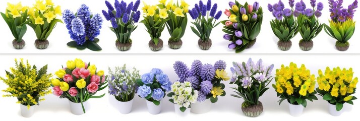 a delicate lineup of various flowers with elegant stems on a white background, conveying a sense of purity and simplicity. - obrazy, fototapety, plakaty