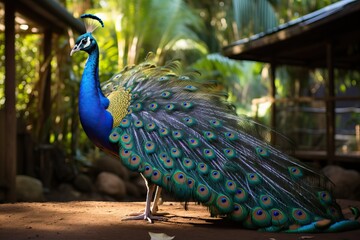 Blue peacock, common peacock Pavo cristatus. A beautiful peacock walks freely with its tail half closed. © Niko_Dali