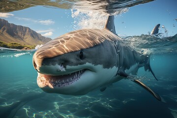 Shark close-up underwater, shark swims in the sea shelf very close to land, marine predator..