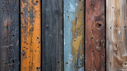 Close up details of weathered vintage wooden planks in a vertical position create a grungy background effect