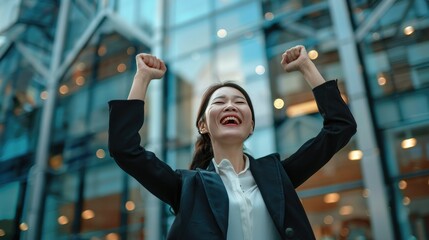 1. A vibrant shot capturing the genuine euphoria of a Japanese businesswoman as she throws her fists - obrazy, fototapety, plakaty