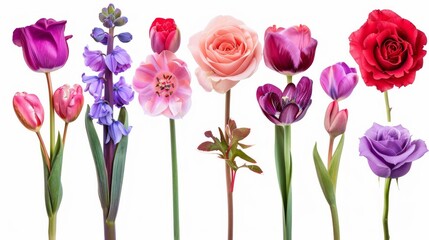 a delicate lineup of various flowers with elegant stems on a white background, conveying a sense of purity and simplicity.