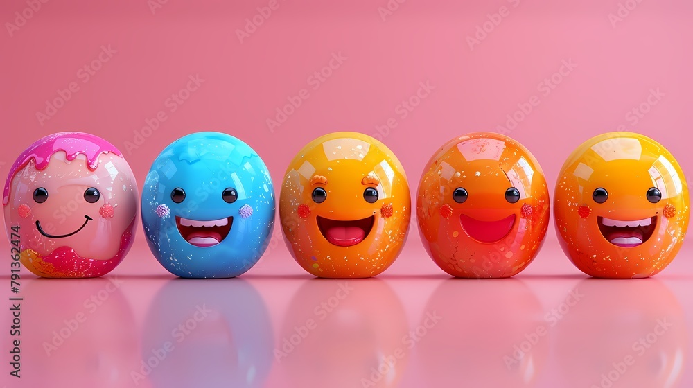 Poster A collection of 3D cute emoji stickers, arranged on a solid pastel pink background, capturing their vibrant colors and adorable expressions with the clarity of an HD camera.