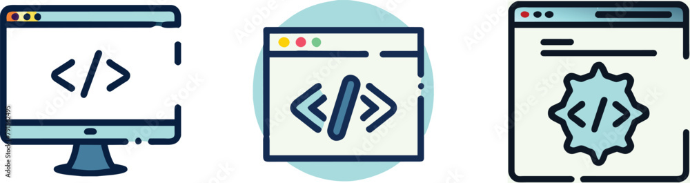 Wall mural set of flat coding website, pc code icon, vector illustration.