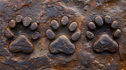 Close-up of rustic metal paw prints, symbolizing animal tracks, nature, exploration, and wilderness concepts