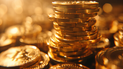 Gleaming piles of gold coins with a soft focus, symbolizing wealth, savings, and financial growth concept