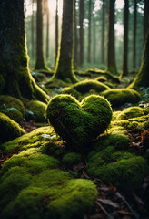 Heart with moss in a forest. Design for Earth day and concept for eco-friendly