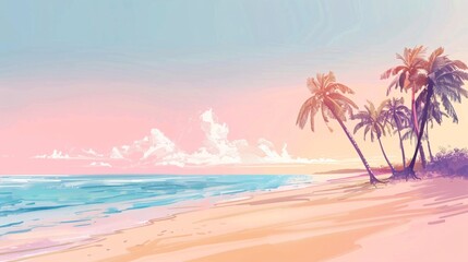 Fototapeta na wymiar Tropical beach drawing in pastel colors, minimalist style. Background for summer holiday and travel vacation concept.