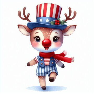 Reindeer Patriotic with American Flag. Watercolor 4th July Memorial Day Clip Art. Celebration USA (United State) Independence Day Art Cute Cartoon Character