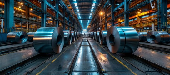 Dramatic perspective inside a steel factory, rows of massive sheet metal coils, the essence of industrial power and efficiency - obrazy, fototapety, plakaty