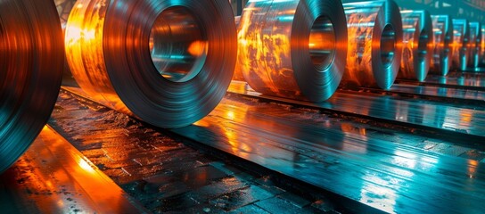 Dynamic scene in a steel rolling mill, rolls of sheet metal reflecting the glow of molten steel nearby, a testament to enduring industry - obrazy, fototapety, plakaty