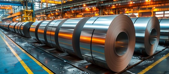 Dynamic scene in a steel rolling mill, rolls of sheet metal reflecting the glow of molten steel nearby, a testament to enduring industry - obrazy, fototapety, plakaty