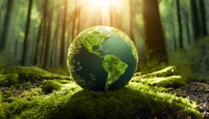 Forest Gem: Green Globe with Moss and Sunlight - obrazy, fototapety, plakaty