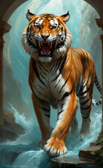 Fantasy Illustration of a wild animal tiger. Digital art style wallpaper background.